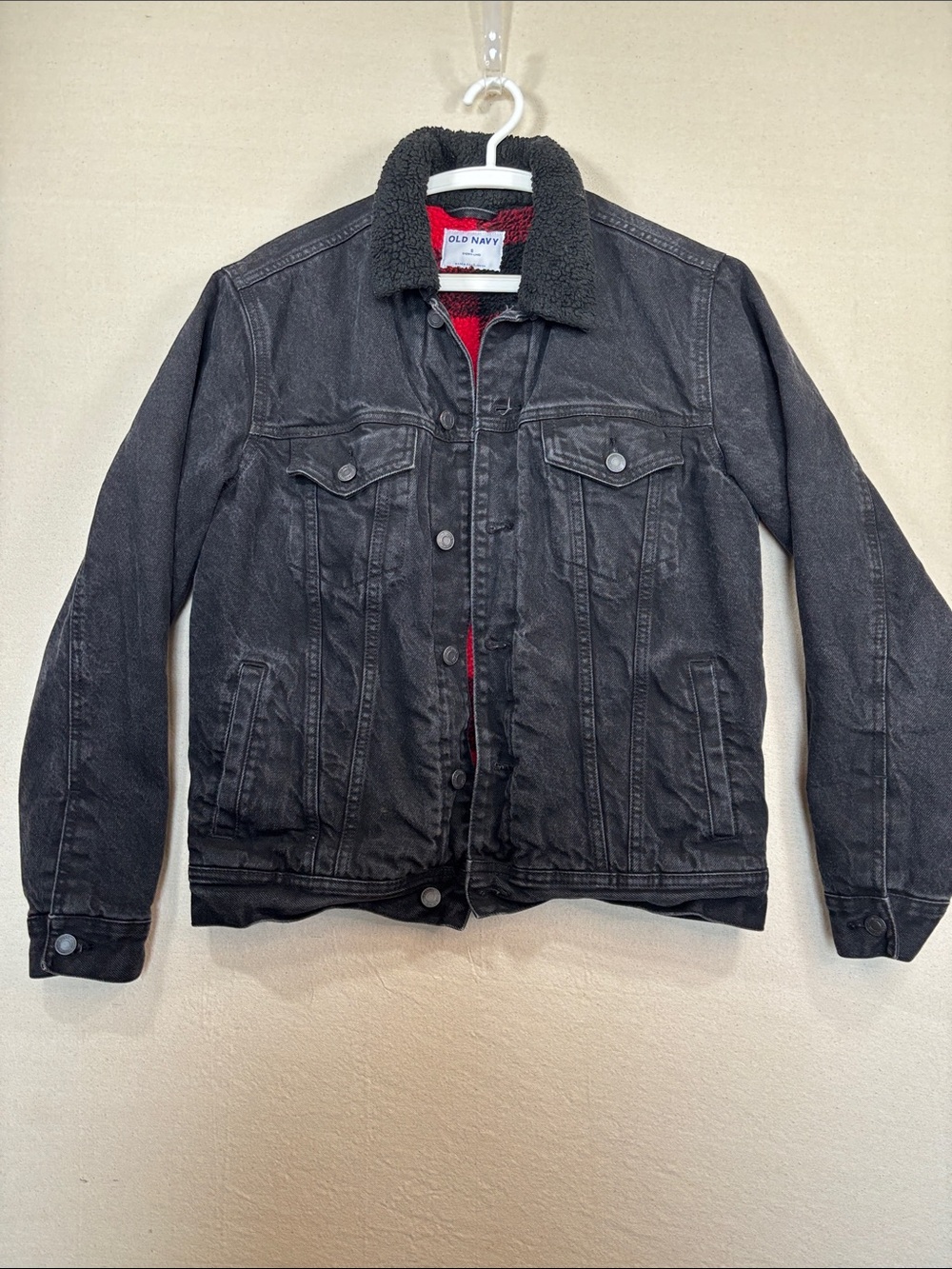 Old Navy Black Denim Jacket with Black Sherpa Collar and Red Lining